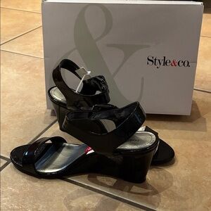 Style & Co. Glossy Black Wedge Sandals